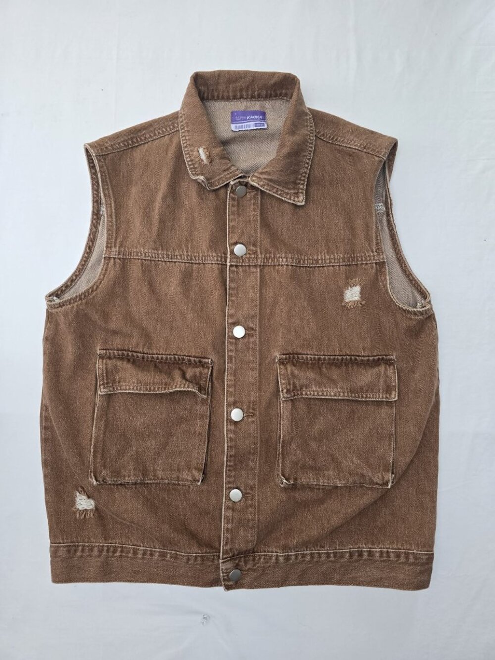 KAOKA Studio Distressed Brown Denim Vest Utility Cargo Pockets - Size S (100% Co